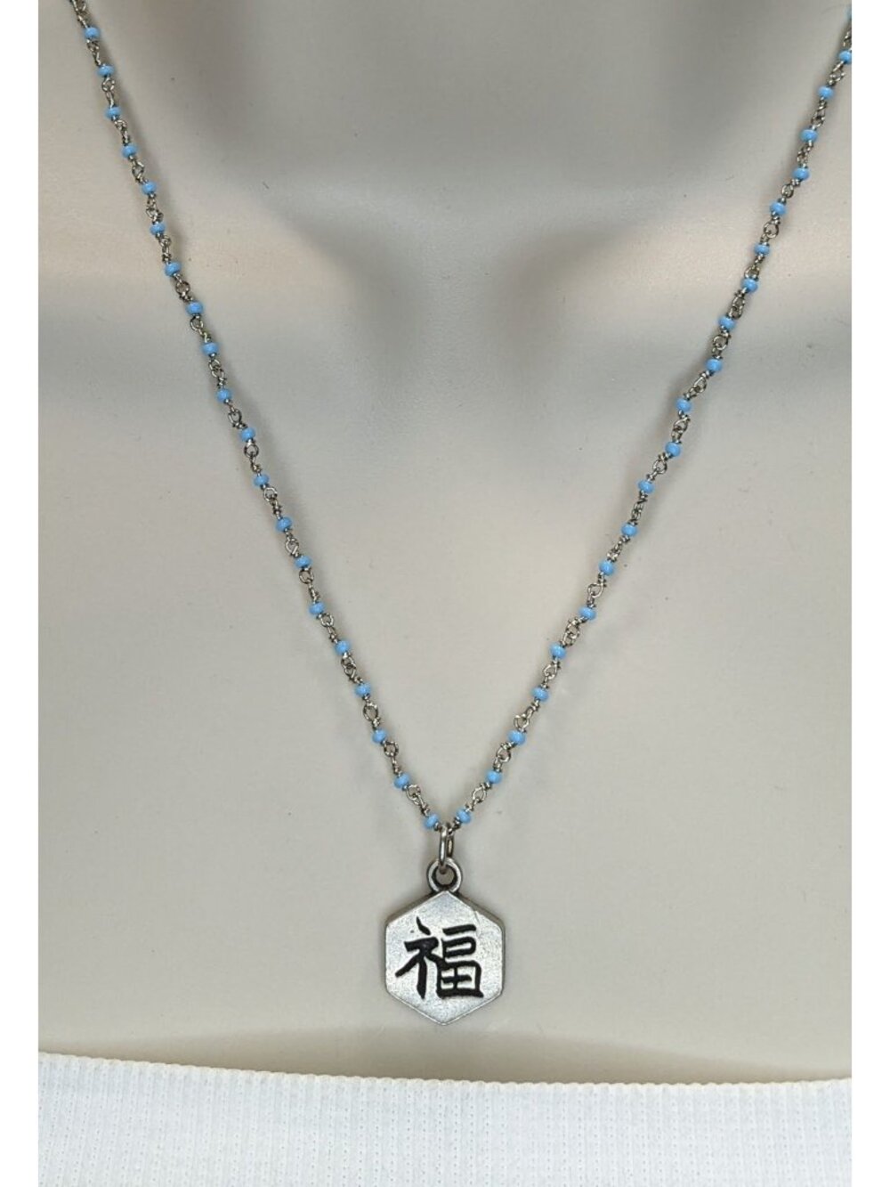Lucky Charm Reversible Pendant Necklace Blue Silver Beaded Chain